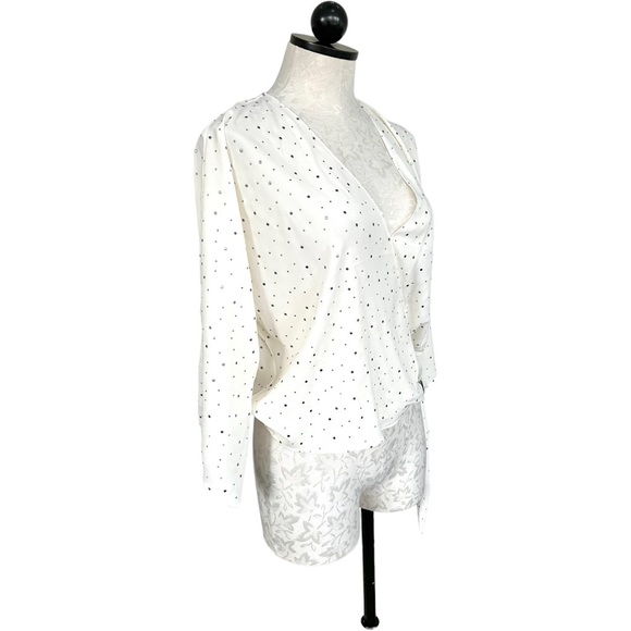 Express Studded Metallic Dots Wrap Style Crip Blouse Cream & Silver Size Medium - Picture 2 of 10